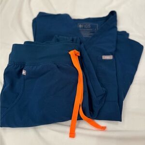 Figs scrub top &Joggers in Deep Blue with Bright Orange Tie